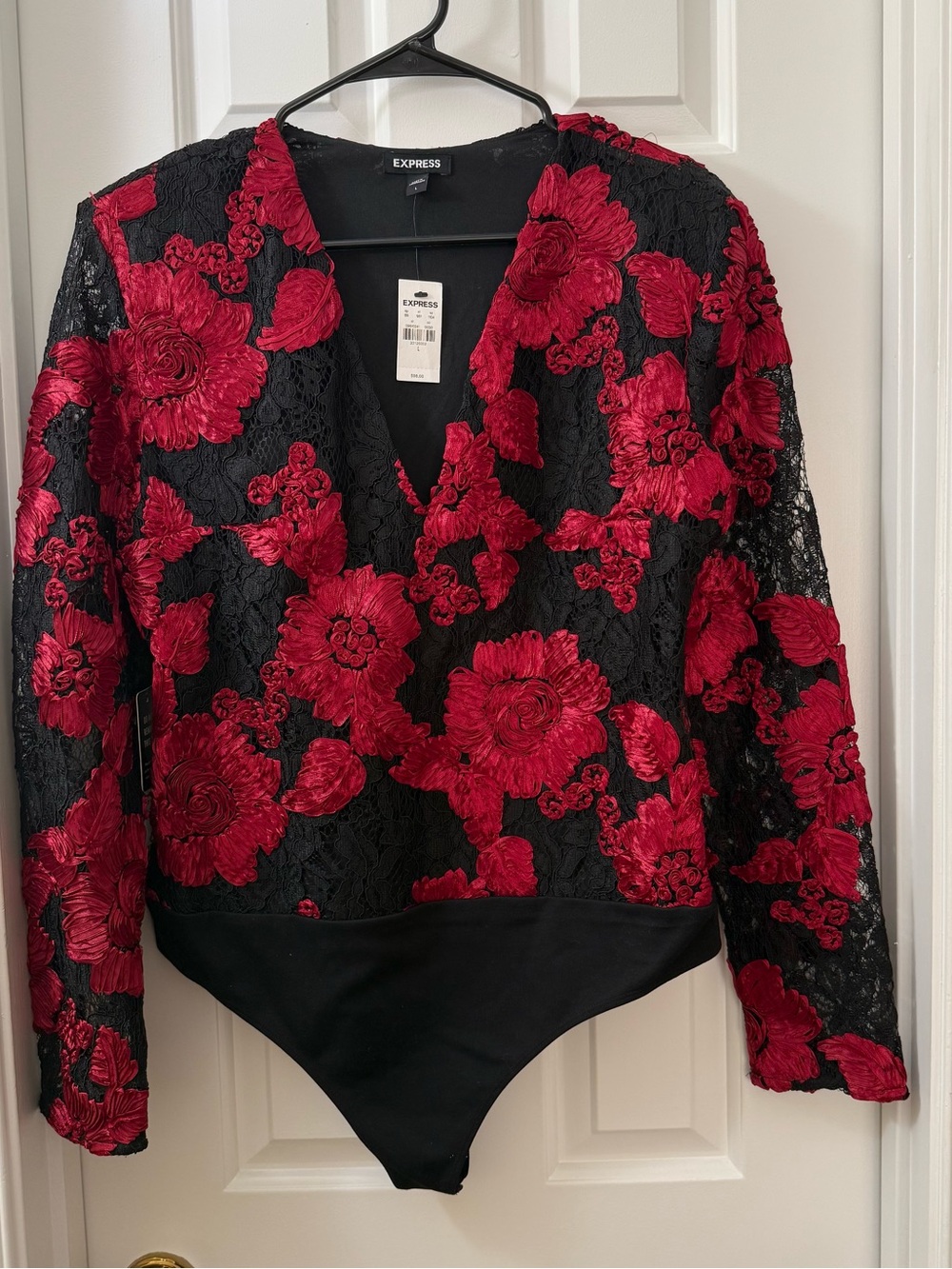 Express Black Lace Bodysuit with Red Floral Embroidery